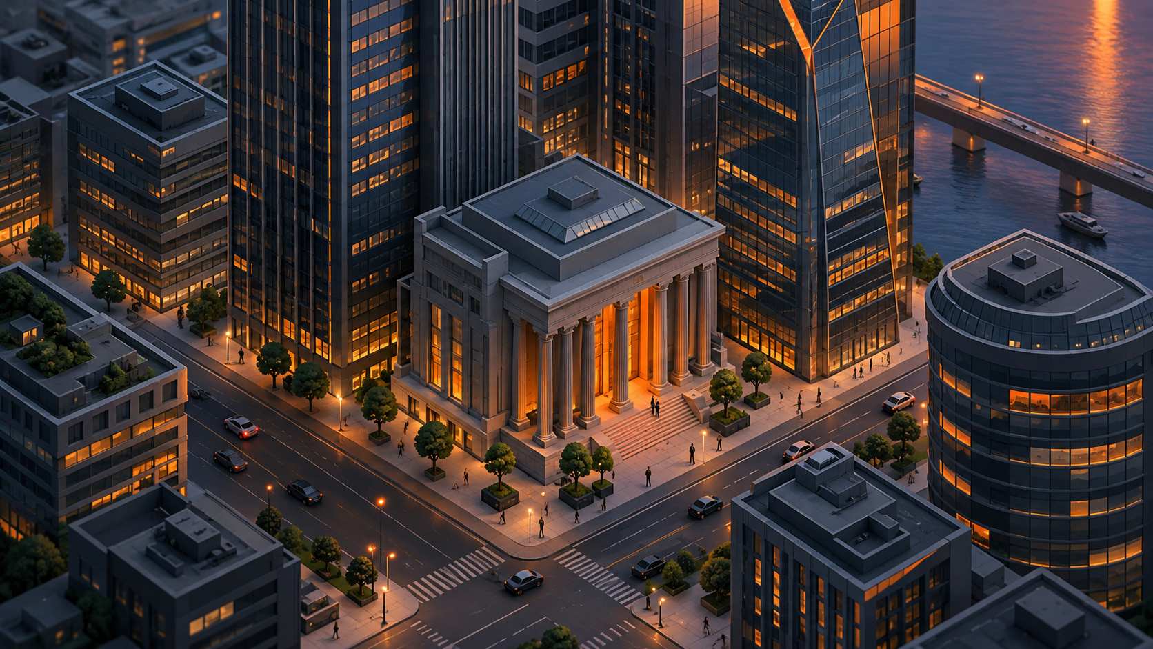 Financial district street with tall skyscrapers at dusk