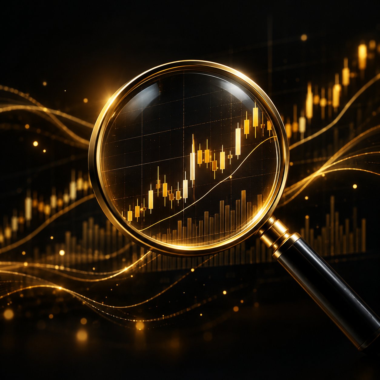 Magnifying glass over a detailed stock chart