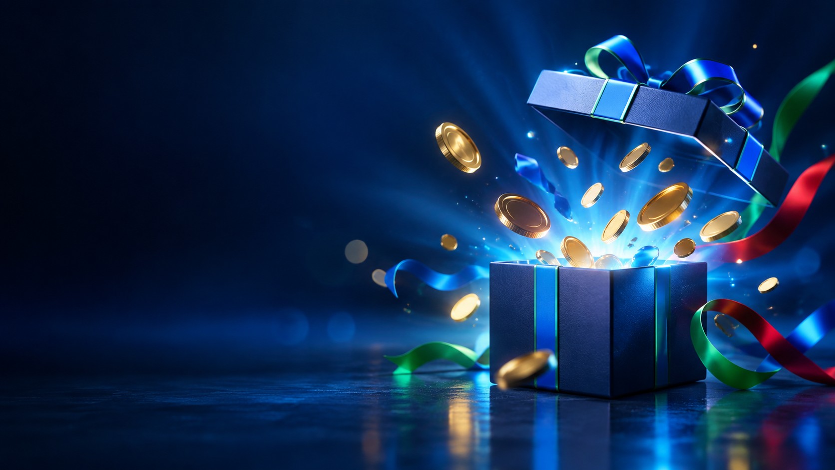 Gift box opening with coins and light